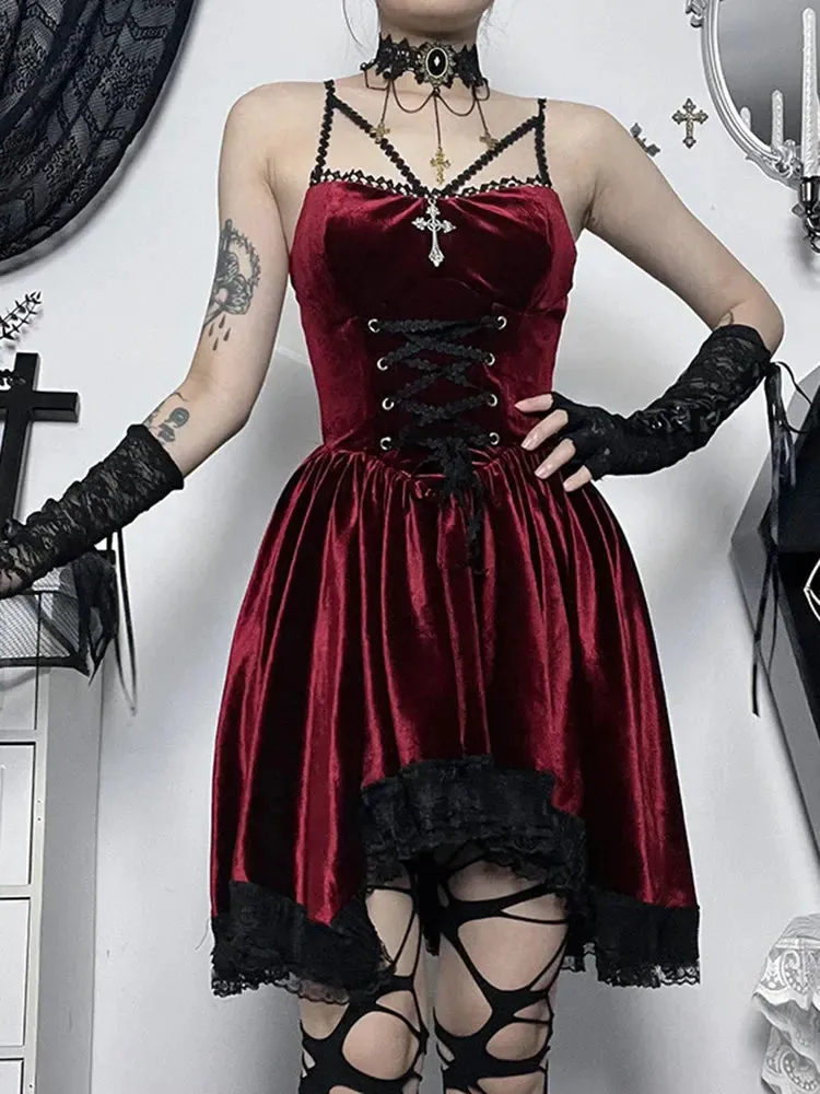 Gothic Strap Casual Spaghetti Up Vintage Lace Bodycon Velvet Cami Romantic Dress