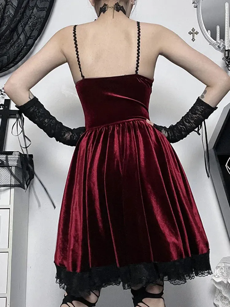 Gothic Strap Casual Spaghetti Up Vintage Lace Bodycon Velvet Cami Romantic Dress