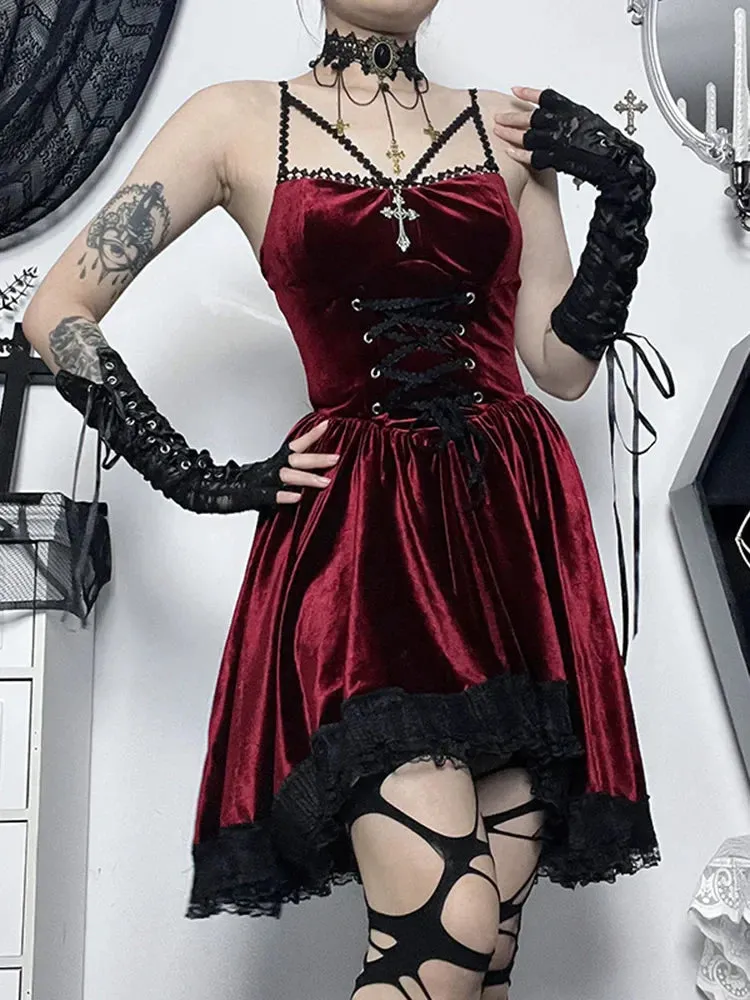 Gothic Strap Casual Spaghetti Up Vintage Lace Bodycon Velvet Cami Romantic Dress