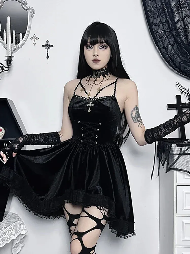 Gothic Strap Casual Spaghetti Up Vintage Lace Bodycon Velvet Cami Romantic Dress