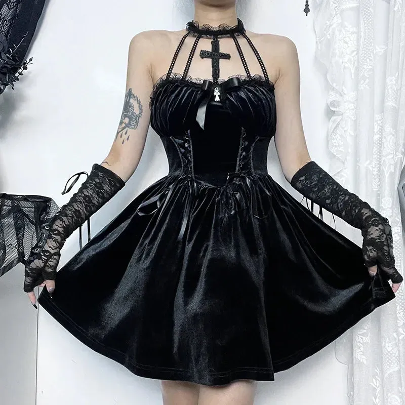 Gothic Velvet Halter Dress Vintage Draped Lace Sleeveless Bodycon Backless A-Line Cocktail Party Dress