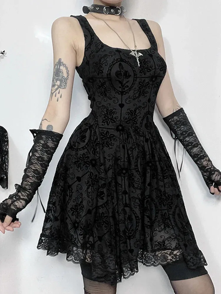 Gothic Vintage Lace Patchwork Sleeveless Spaghetti Strap Bodycon Cami Dress