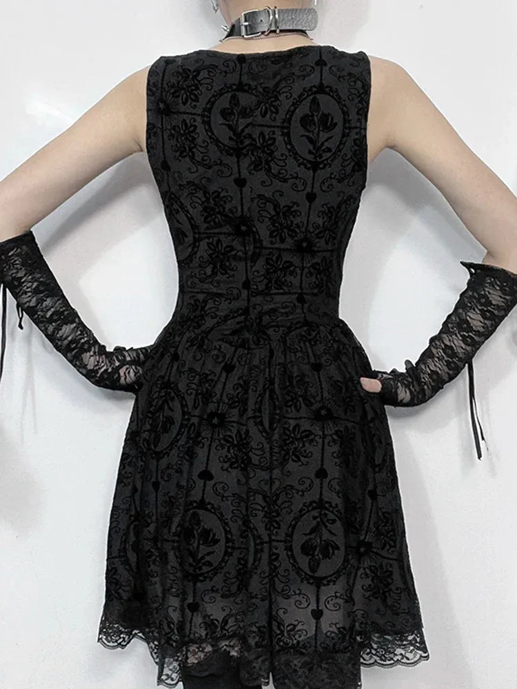 Gothic Vintage Lace Patchwork Sleeveless Spaghetti Strap Bodycon Cami Dress
