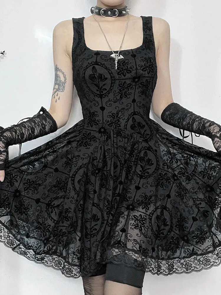 Gothic Vintage Lace Patchwork Sleeveless Spaghetti Strap Bodycon Cami Dress