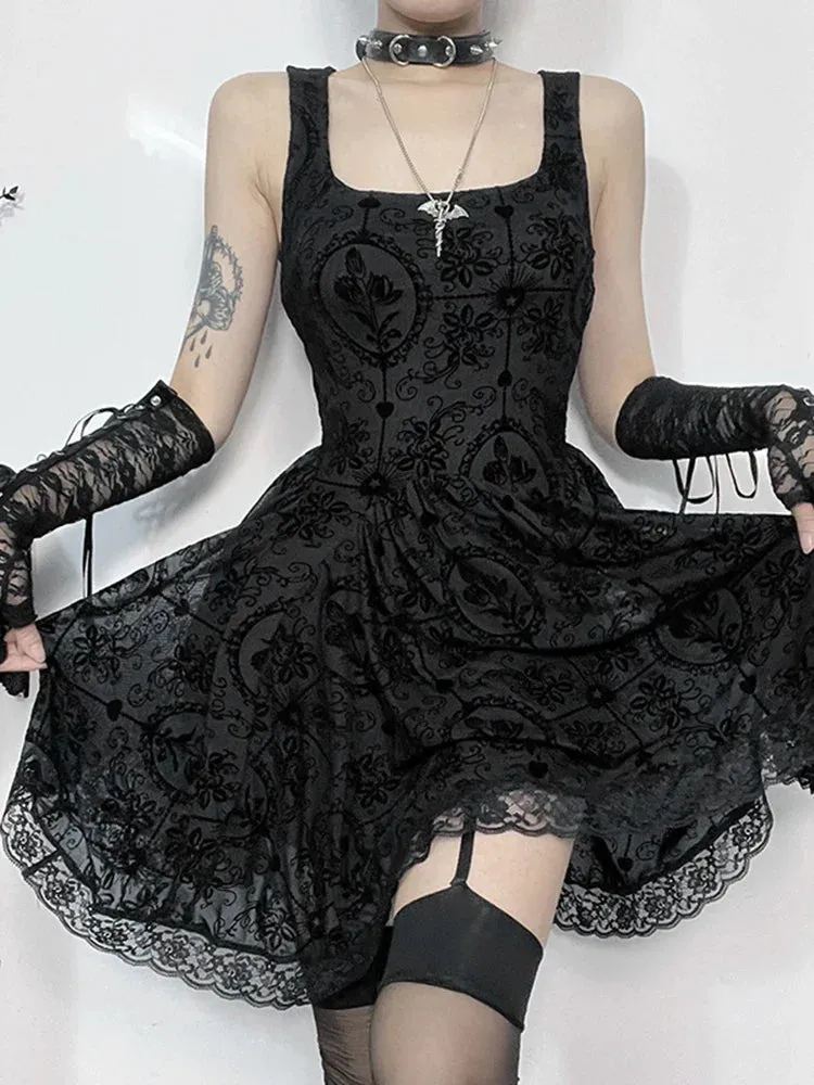 Gothic Vintage Lace Patchwork Sleeveless Spaghetti Strap Bodycon Cami Dress