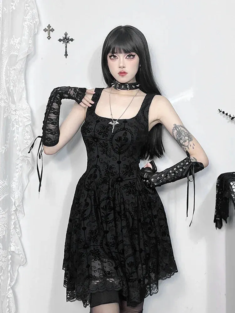 Gothic Vintage Lace Patchwork Sleeveless Spaghetti Strap Bodycon Cami Dress