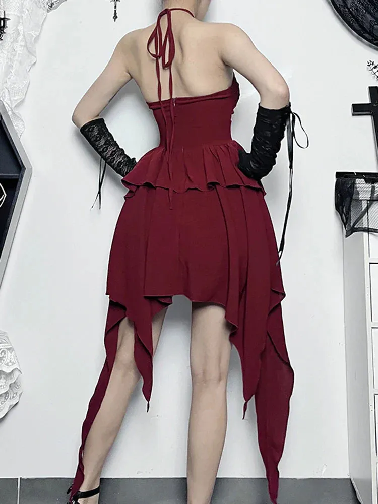 Halter Bodycon Sleeveless Party Hem Mini Cocktail Ruched Neck A-Line Sexy Asymmetrical Dress