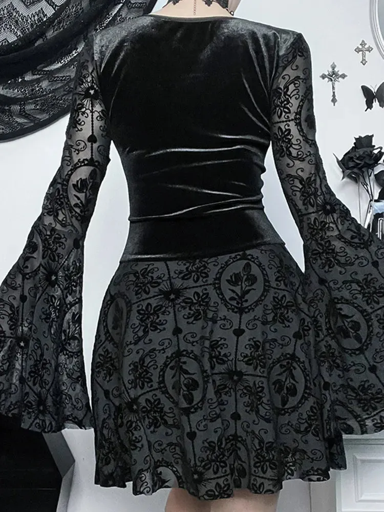 Long Bodycon Neck Victorian Ruffle Mini V Stretchy Vintage Velvet Sleeve Cocktail Dress