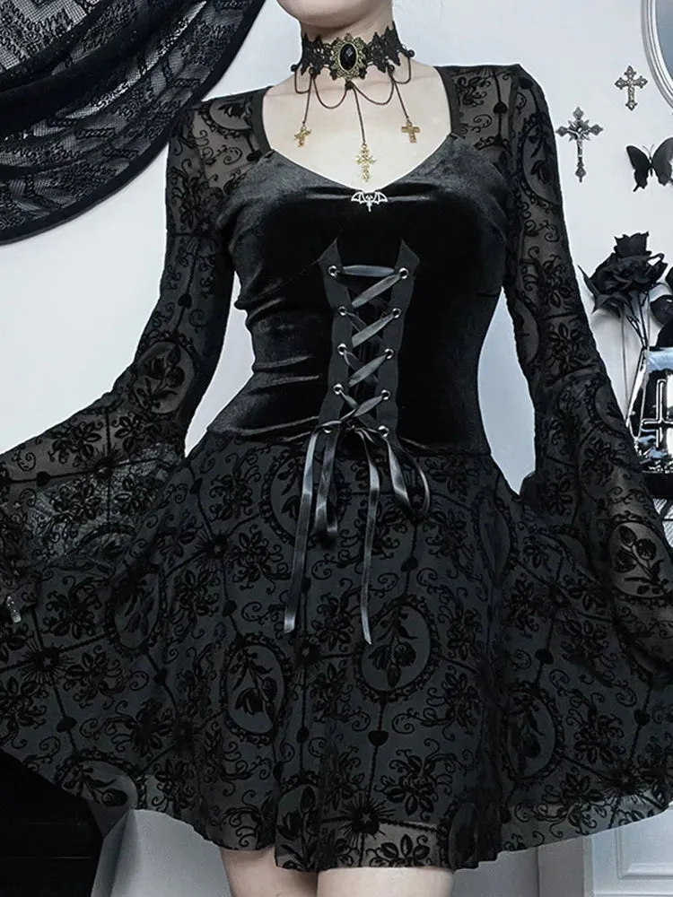 Long Bodycon Neck Victorian Ruffle Mini V Stretchy Vintage Velvet Sleeve Cocktail Dress