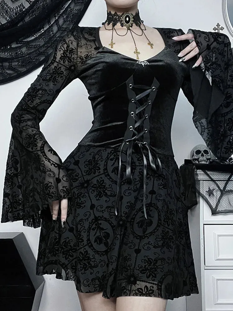 Long Bodycon Neck Victorian Ruffle Mini V Stretchy Vintage Velvet Sleeve Cocktail Dress