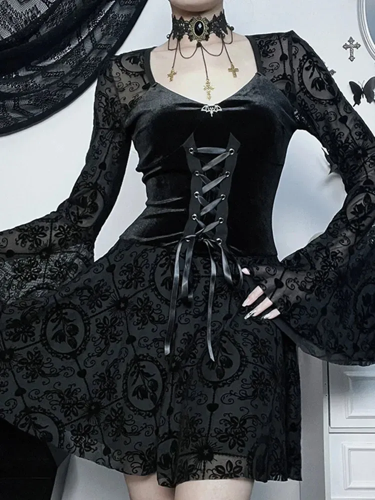Long Bodycon Neck Victorian Ruffle Mini V Stretchy Vintage Velvet Sleeve Cocktail Dress