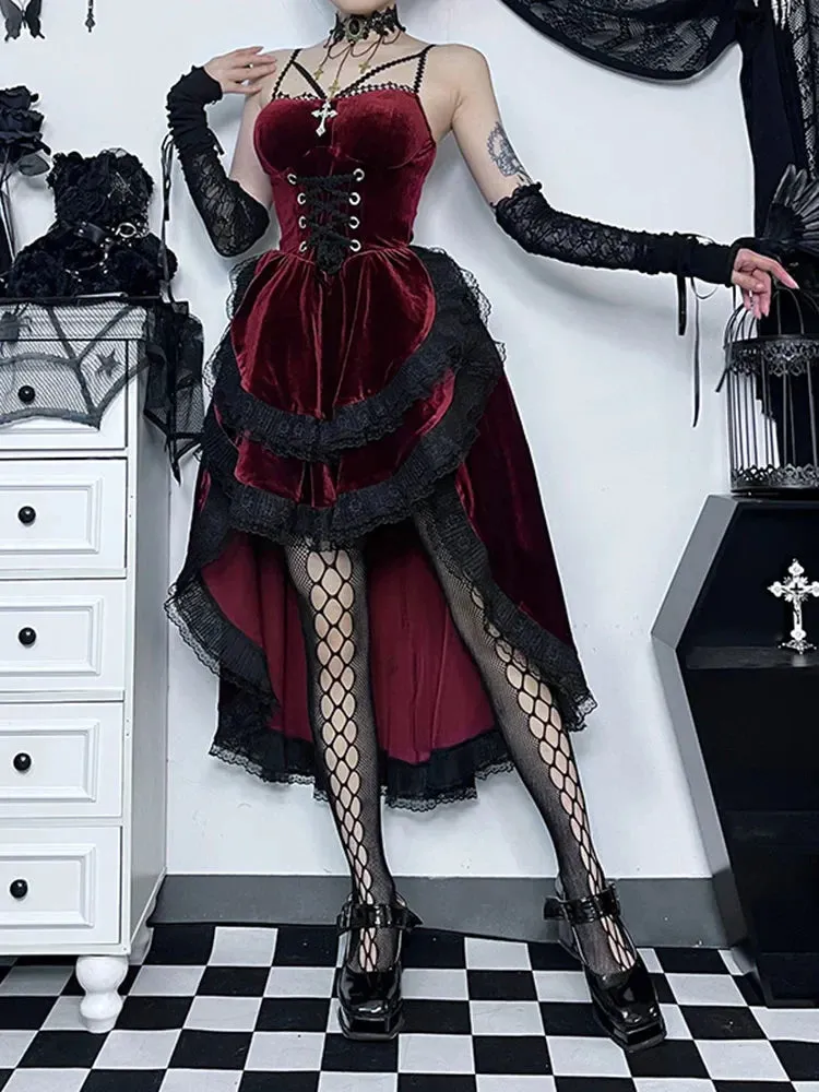 Low Swing Cocktail Party Vintage Goth Smocked Elastic Waist Pleated Flowy Bodycon Dress