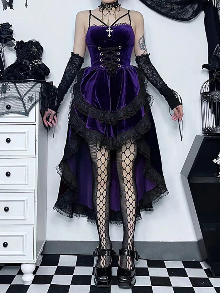 Low Swing Cocktail Party Vintage Goth Smocked Elastic Waist Pleated Flowy Bodycon Dress