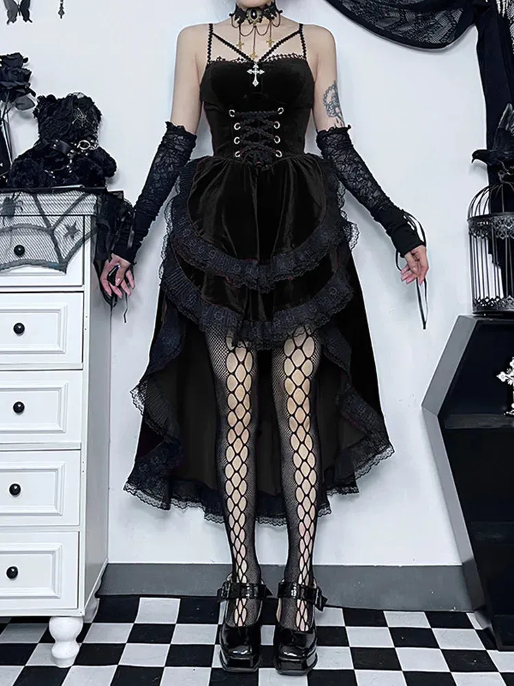 Low Swing Cocktail Party Vintage Goth Smocked Elastic Waist Pleated Flowy Bodycon Dress
