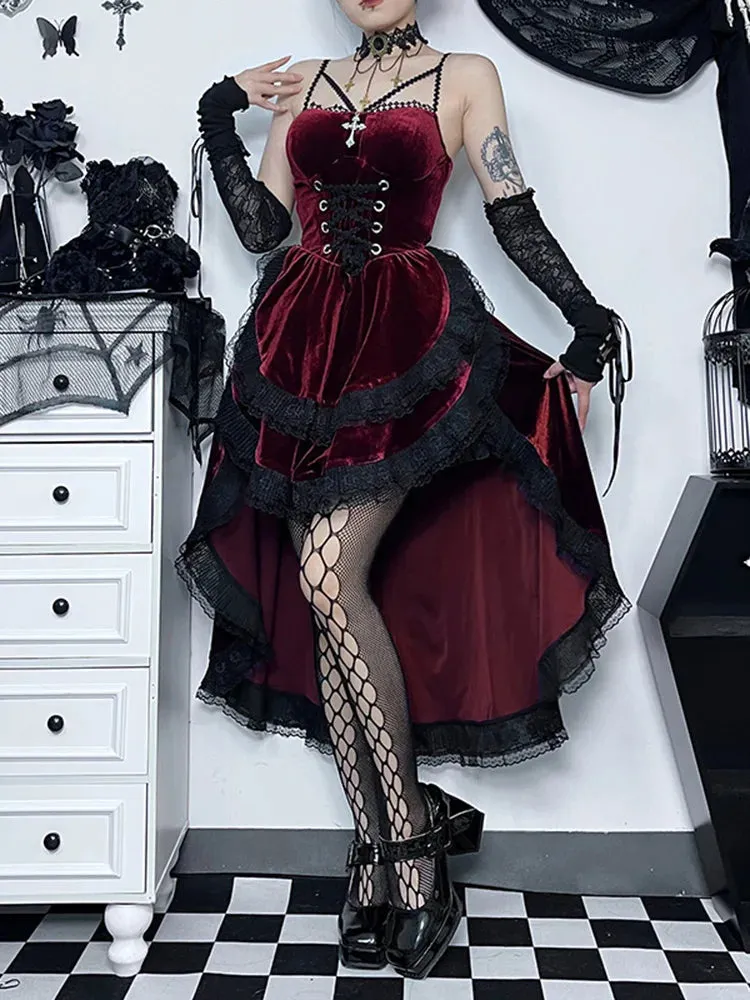 Low Swing Cocktail Party Vintage Goth Smocked Elastic Waist Pleated Flowy Bodycon Dress