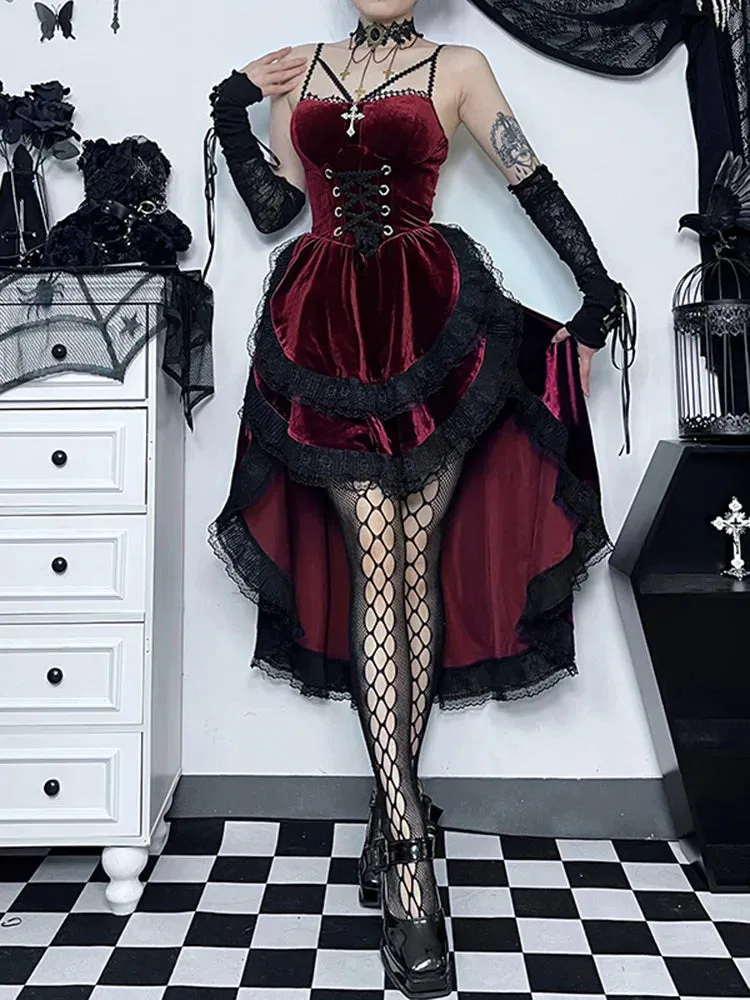 Low Swing Cocktail Party Vintage Goth Smocked Elastic Waist Pleated Flowy Bodycon Dress