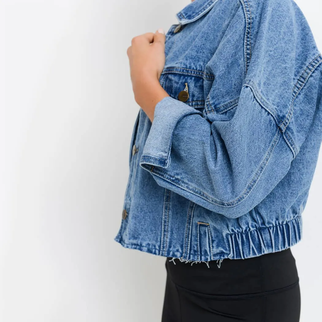 Mono B Raw & Ribbed Crop Denim Jacket Light Blue