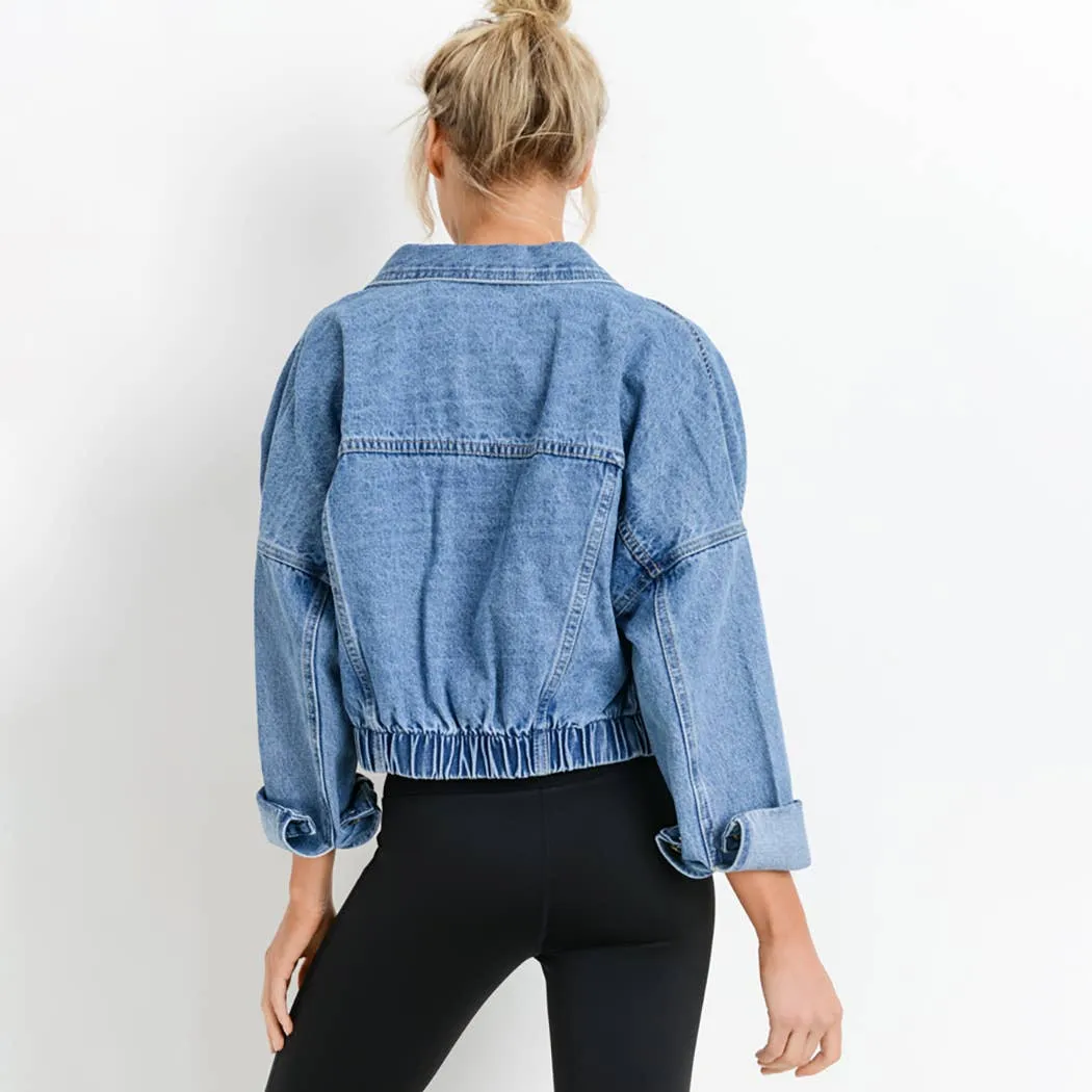 Mono B Raw & Ribbed Crop Denim Jacket Light Blue