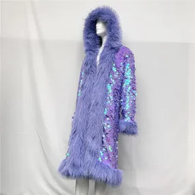 New Fashion cute women  Colorful Faux fox fur rainbow Sequined hood Nightclub long coat  jacket Stage party  costumes