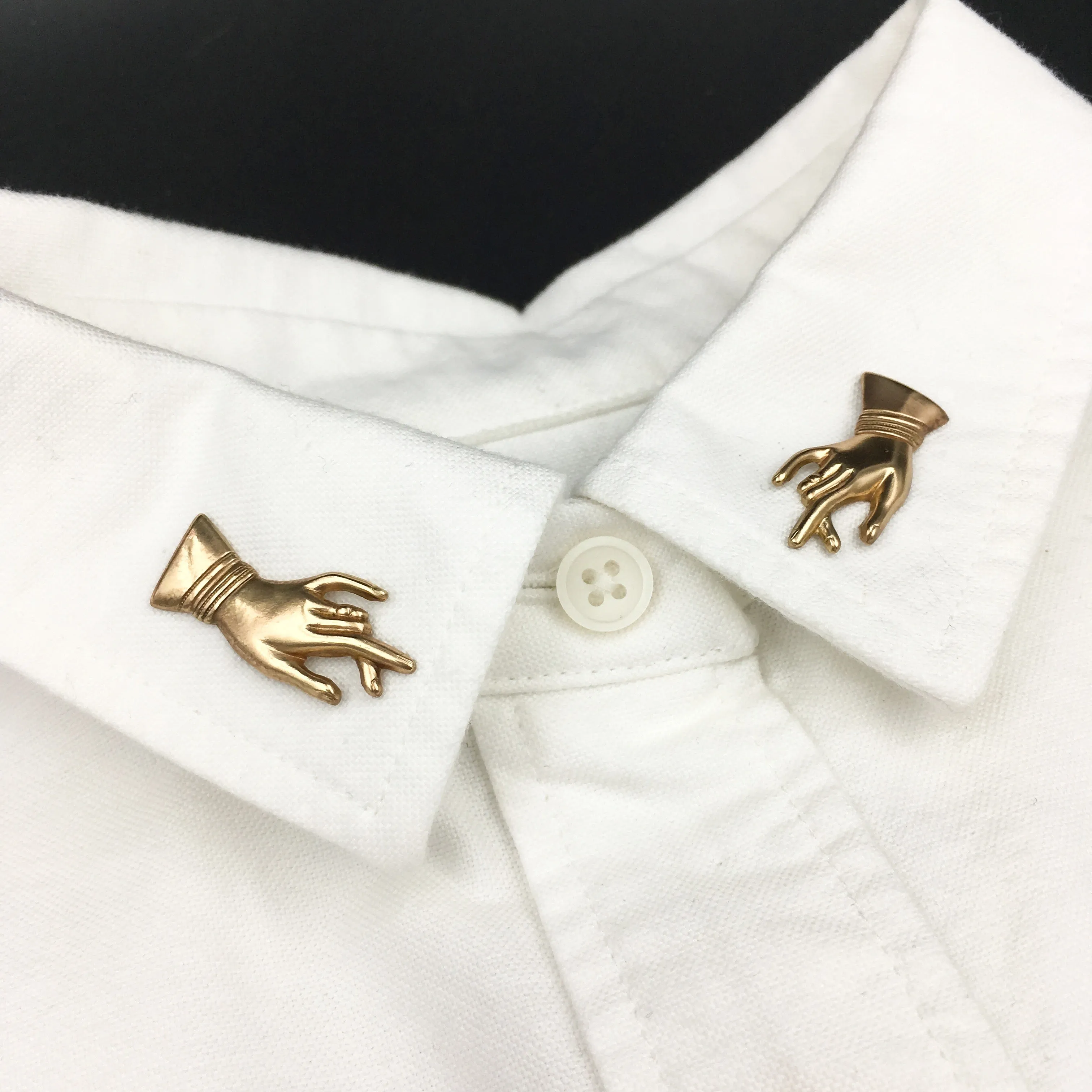 Pair of Victorian Style Handmade Brass Hand Pins -- Perfect for Collar Tips!