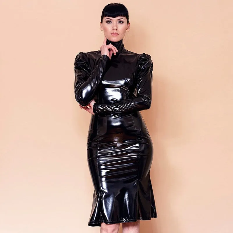 Purpdrank - Women's Sexy PVC Patent Faux Turtleneck Dress Long Sleeve Bodycon Ruffles Midi Dresses Gothic Leather Slim Clothing Custom