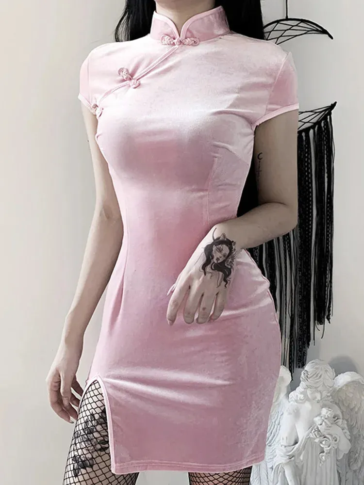 Retro Split Bodycon Cheongsam Mini Elegant Gothic Velvet Solid Black Red Pink Dress