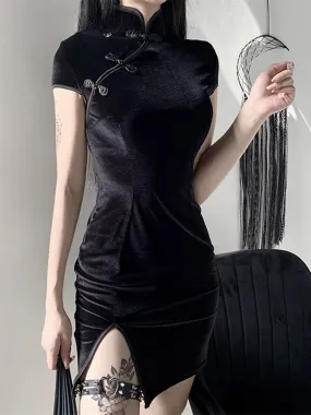 Retro Split Bodycon Cheongsam Mini Elegant Gothic Velvet Solid Black Red Pink Dress