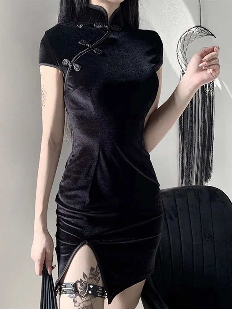 Retro Split Bodycon Cheongsam Mini Elegant Gothic Velvet Solid Black Red Pink Dress