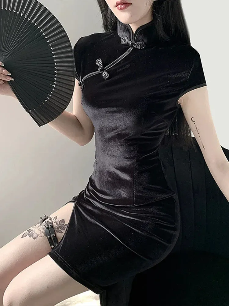 Retro Split Bodycon Cheongsam Mini Elegant Gothic Velvet Solid Black Red Pink Dress