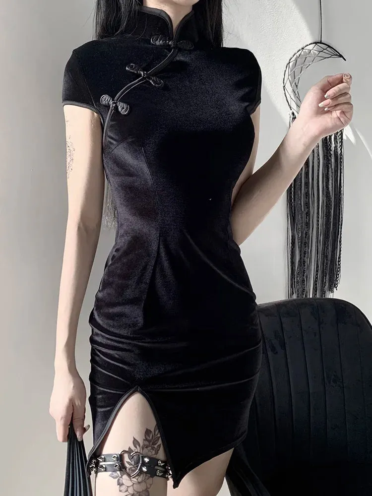 Retro Split Bodycon Cheongsam Mini Elegant Gothic Velvet Solid Black Red Pink Dress