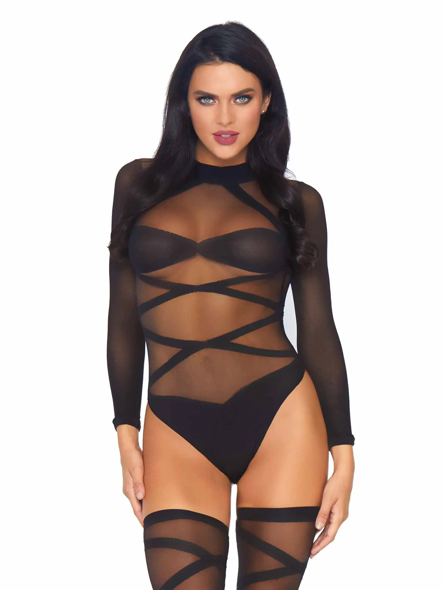 Sheer Criss Cross Teddy and Matching Thigh High Set
