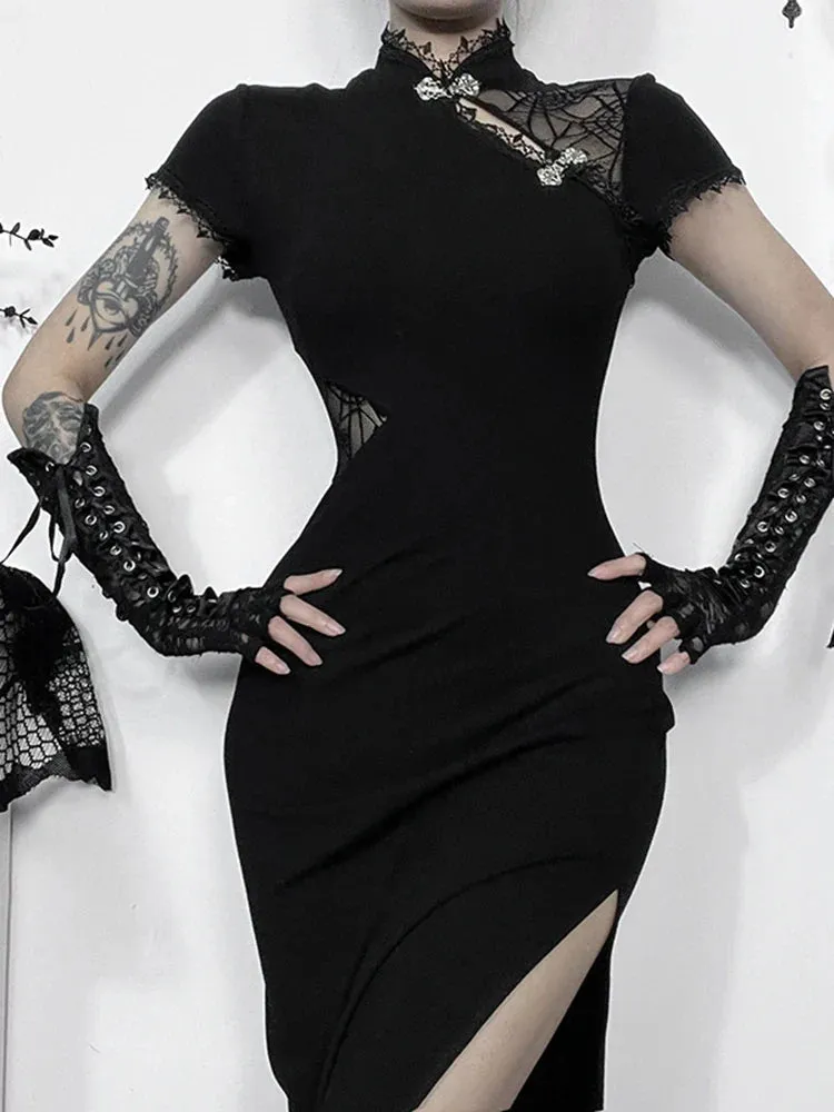 Spliced Vintage Lace Patchwork Bodycon Slim Chinese Short Sleeveless Dress