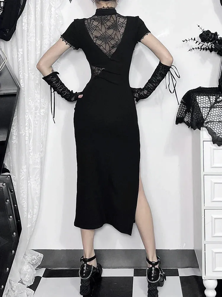 Spliced Vintage Lace Patchwork Bodycon Slim Chinese Short Sleeveless Dress