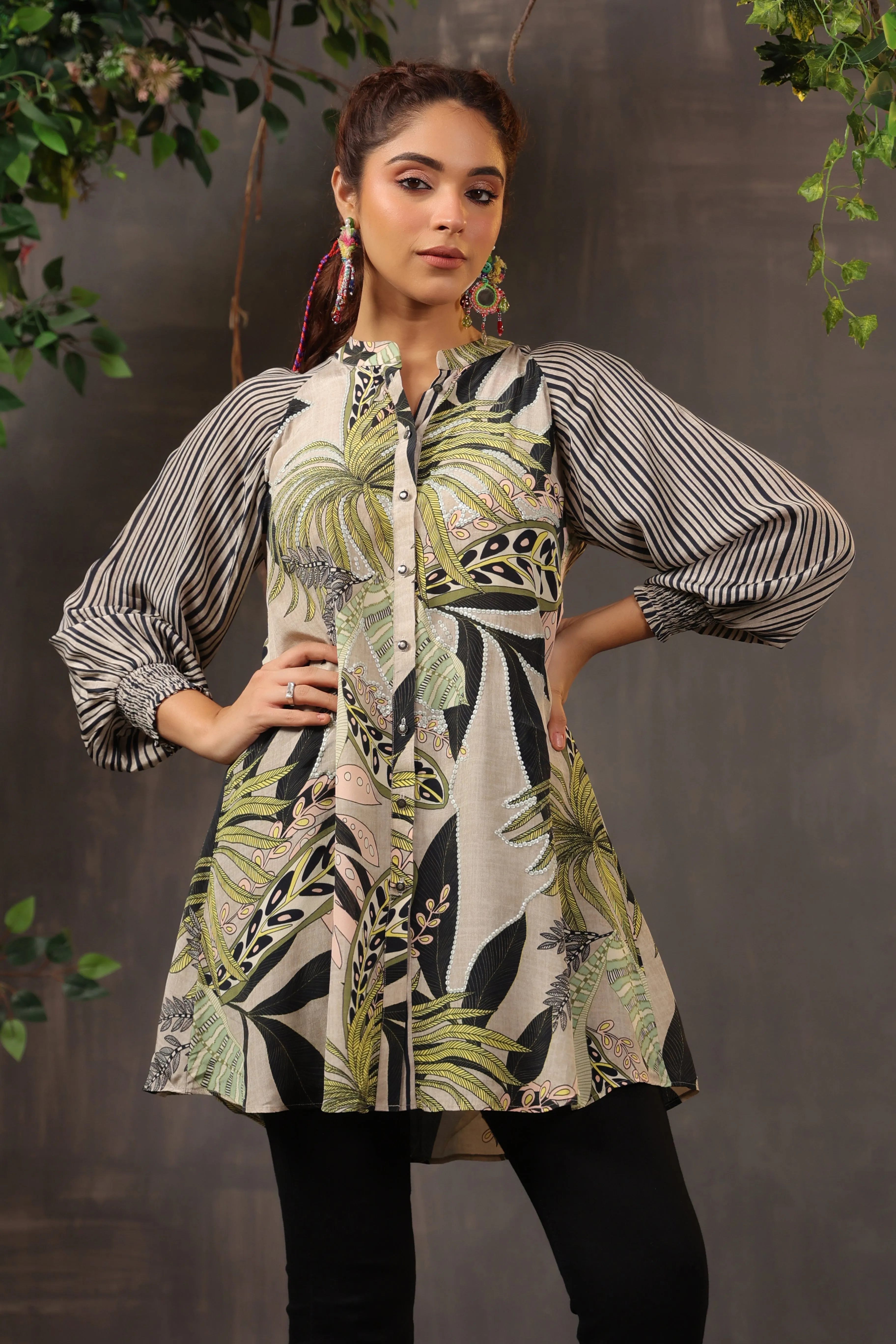 Stone Grey Printed Crepe Silk Shirt