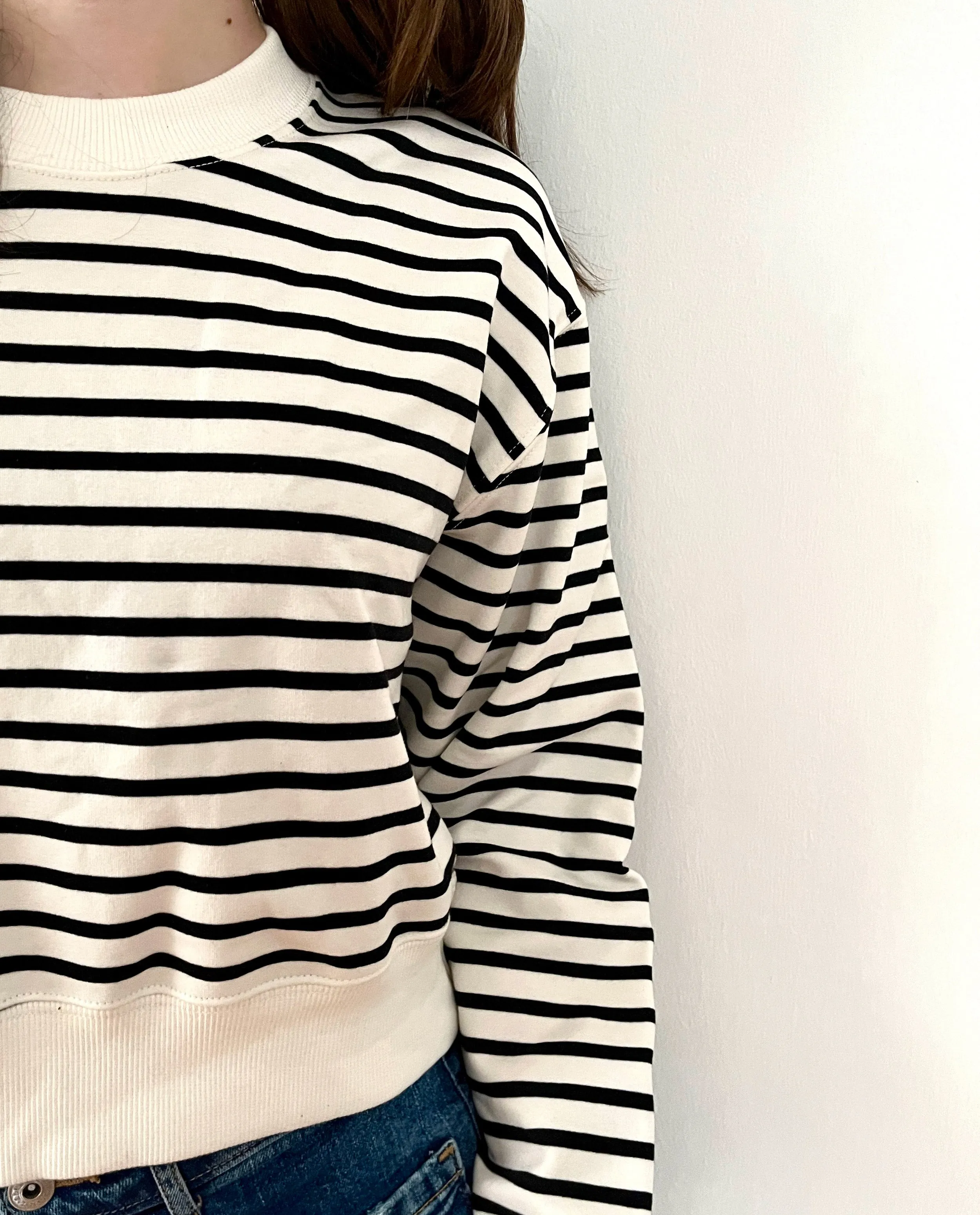 The Cropped Crew Sweatshirt in Black Stripe