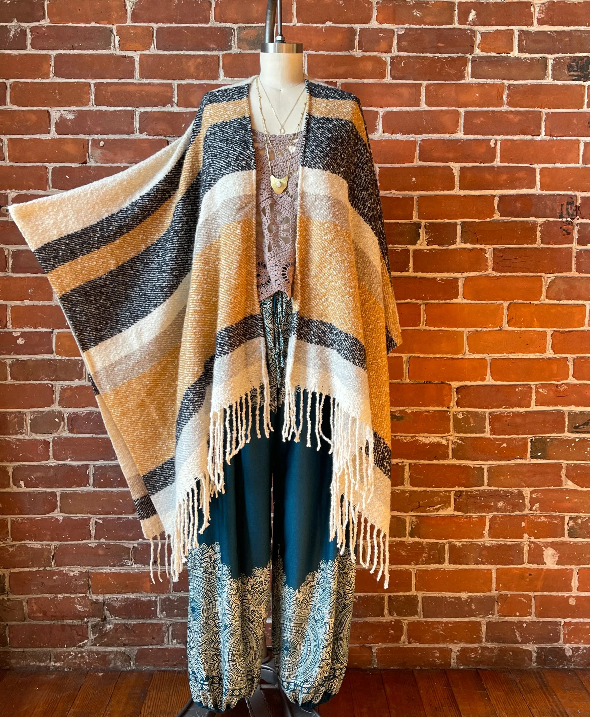 The Softest Farmers Market Fringe Poncho - Oatmeal, Black   Gray