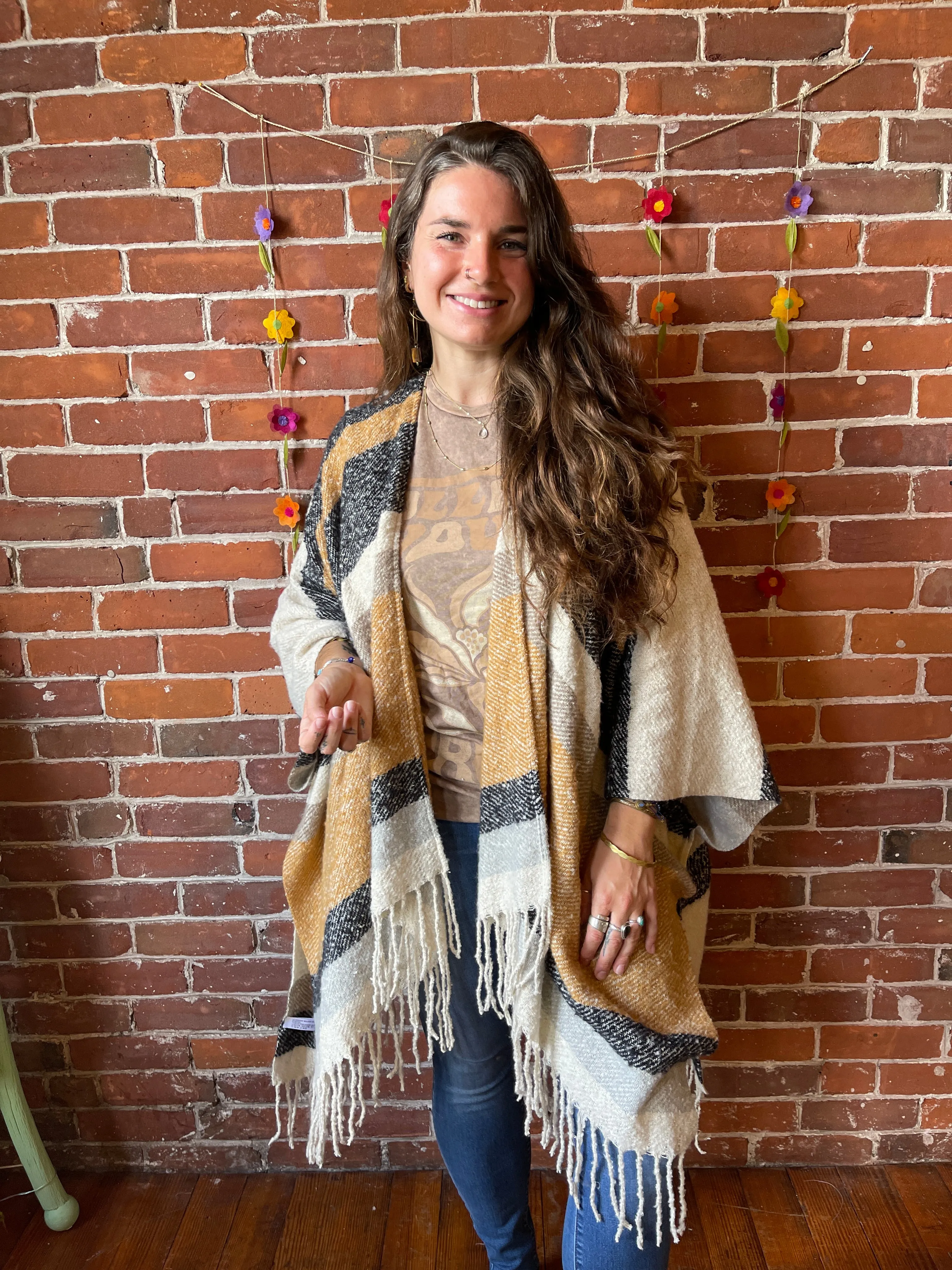 The Softest Farmers Market Fringe Poncho - Oatmeal, Black   Gray