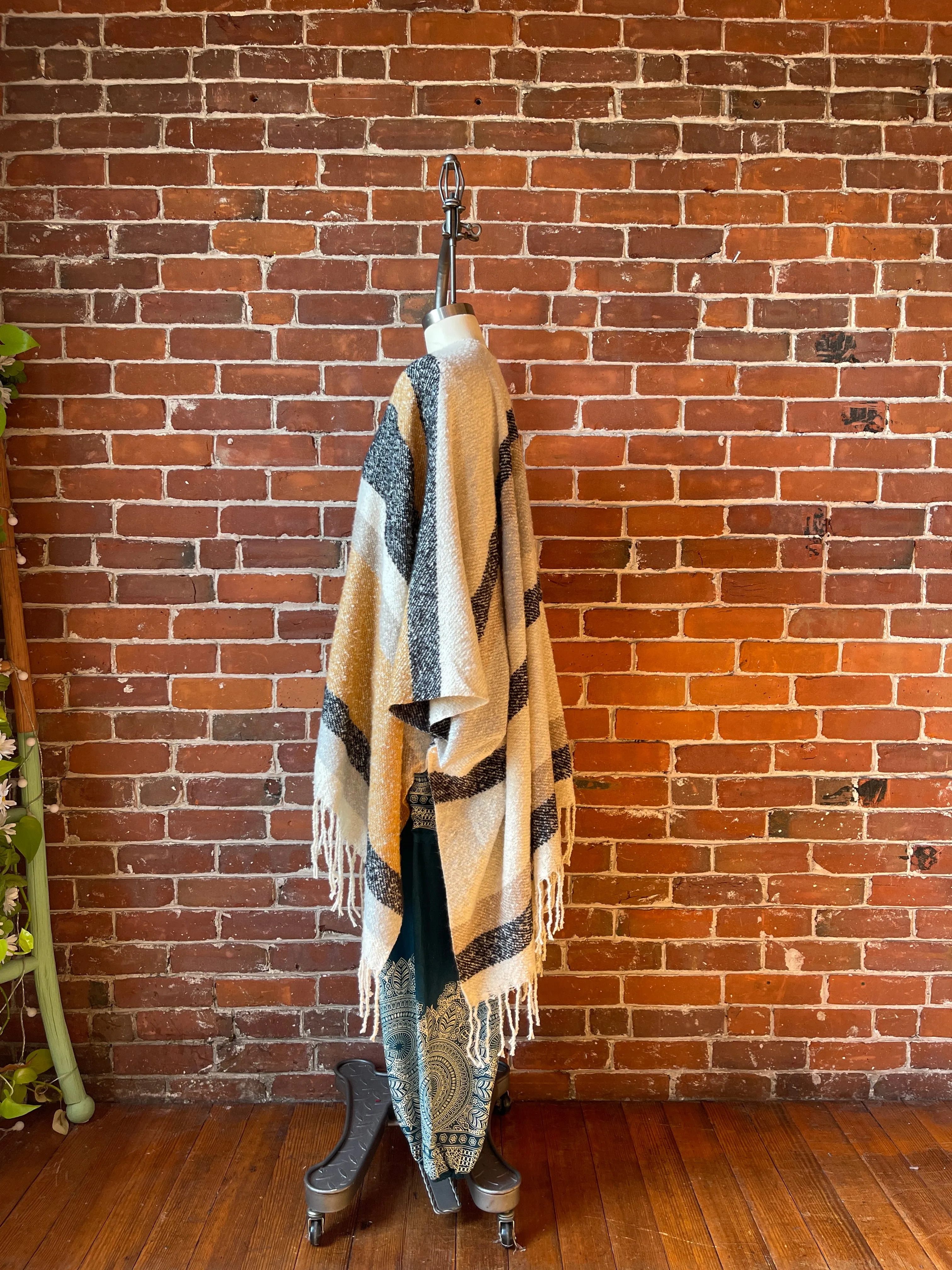The Softest Farmers Market Fringe Poncho - Oatmeal, Black   Gray