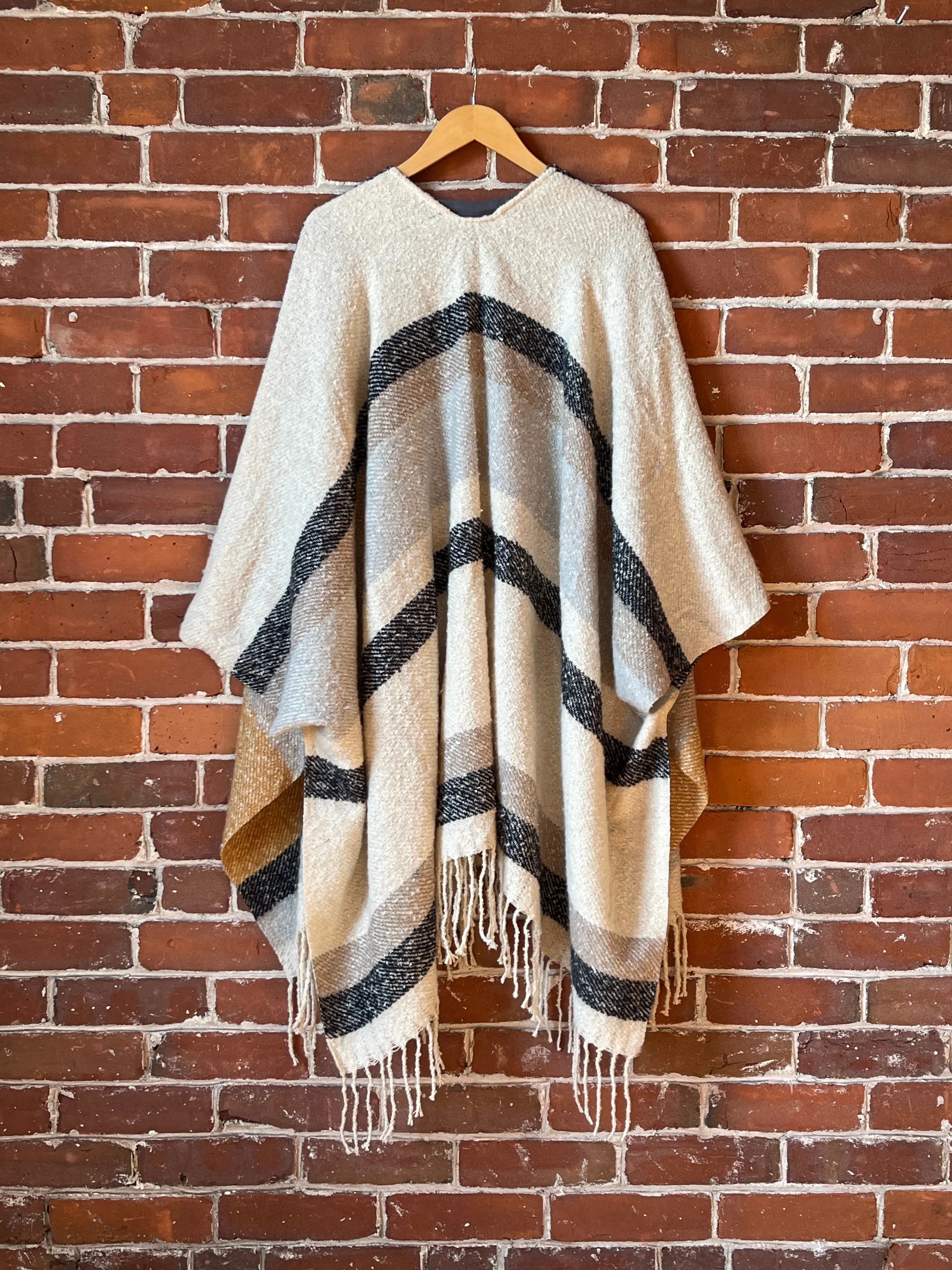 The Softest Farmers Market Fringe Poncho - Oatmeal, Black   Gray