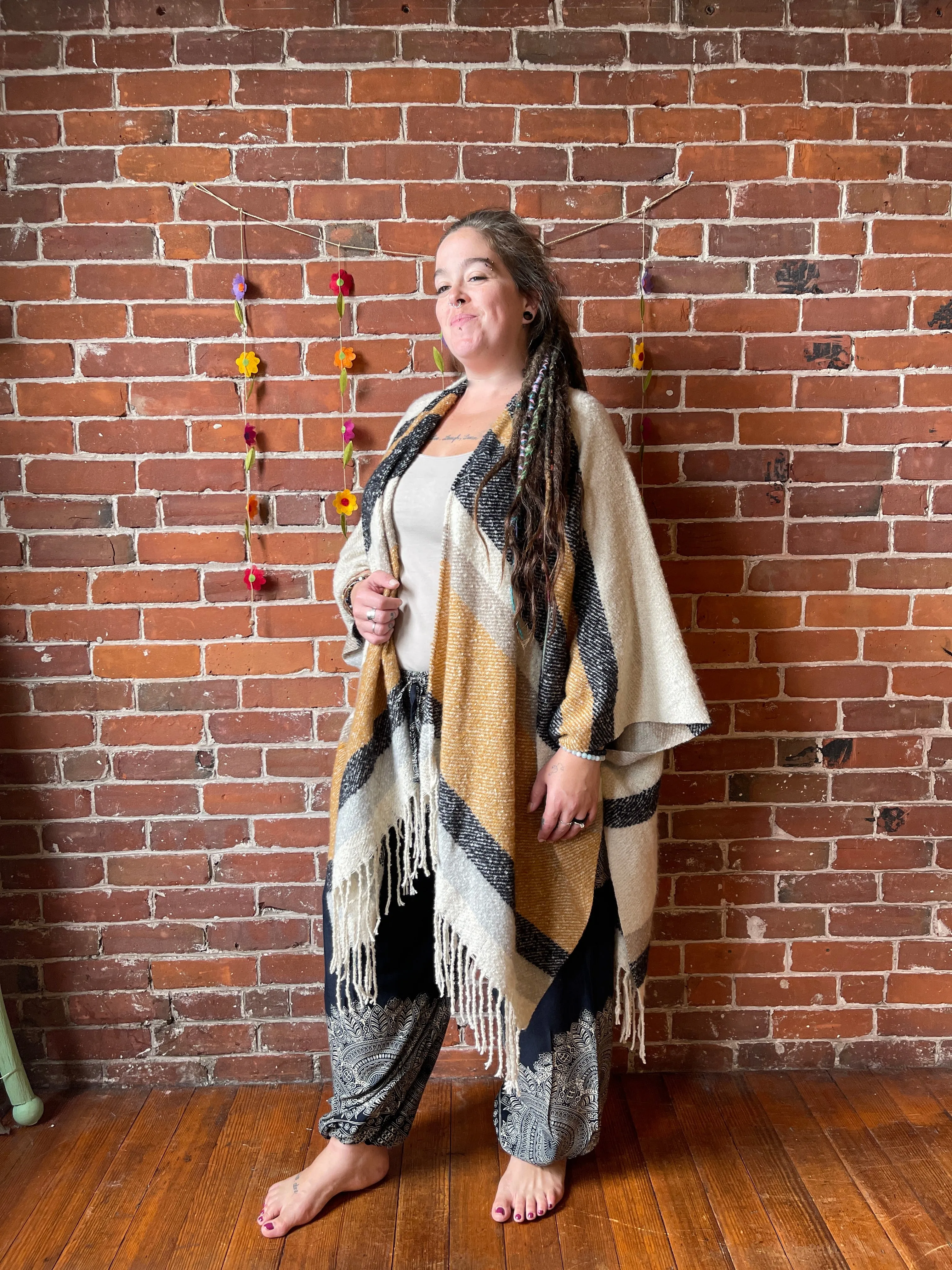 The Softest Farmers Market Fringe Poncho - Oatmeal, Black   Gray