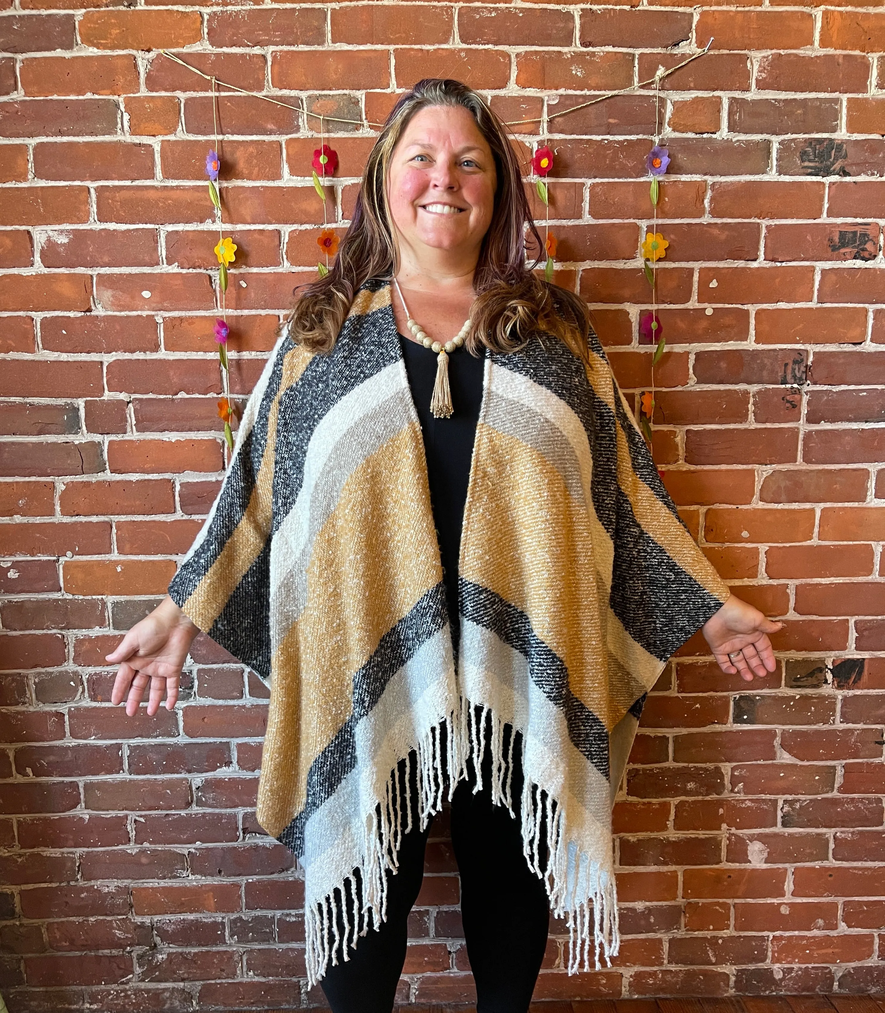 The Softest Farmers Market Fringe Poncho - Oatmeal, Black   Gray