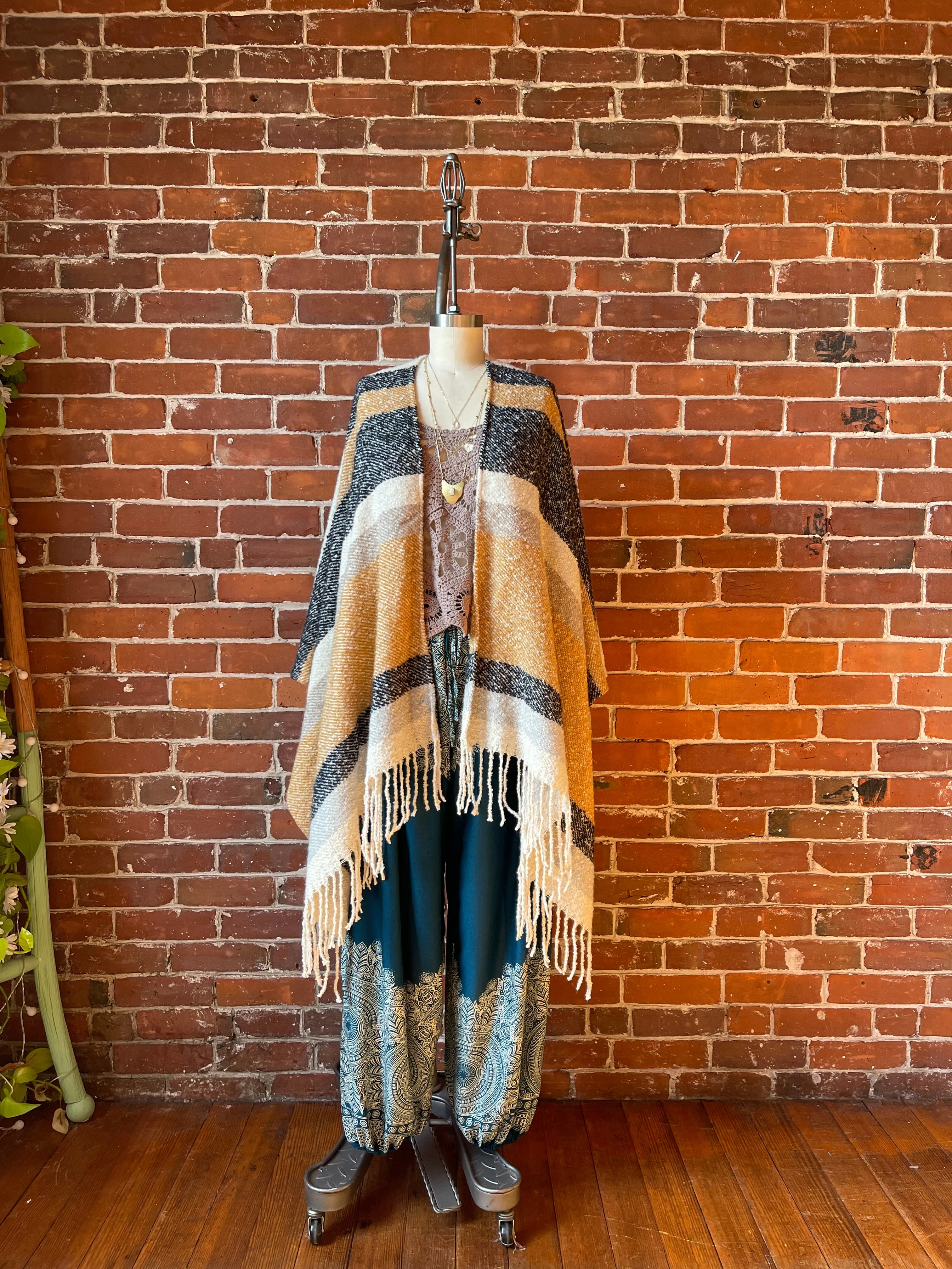 The Softest Farmers Market Fringe Poncho - Oatmeal, Black   Gray