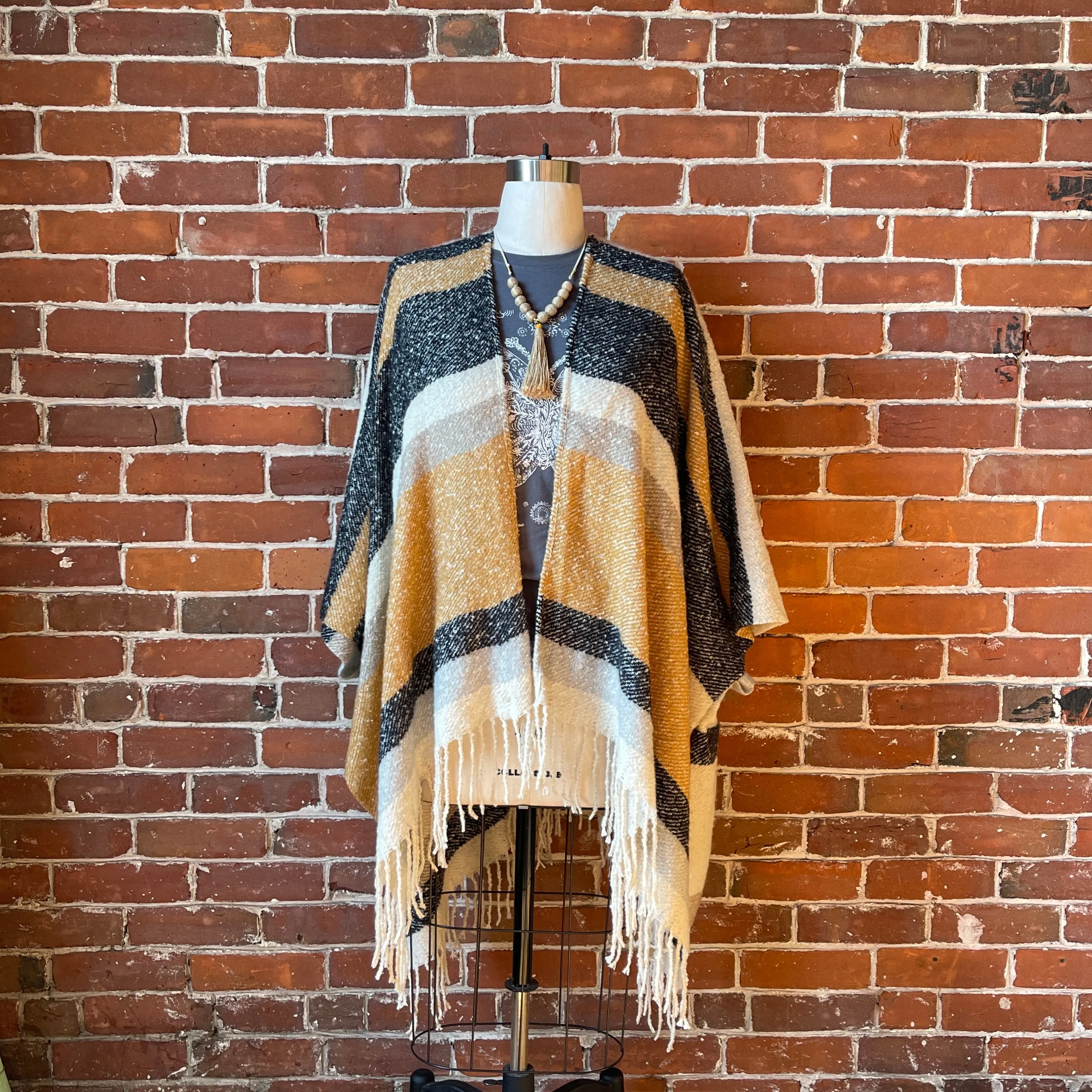 The Softest Farmers Market Fringe Poncho - Oatmeal, Black   Gray