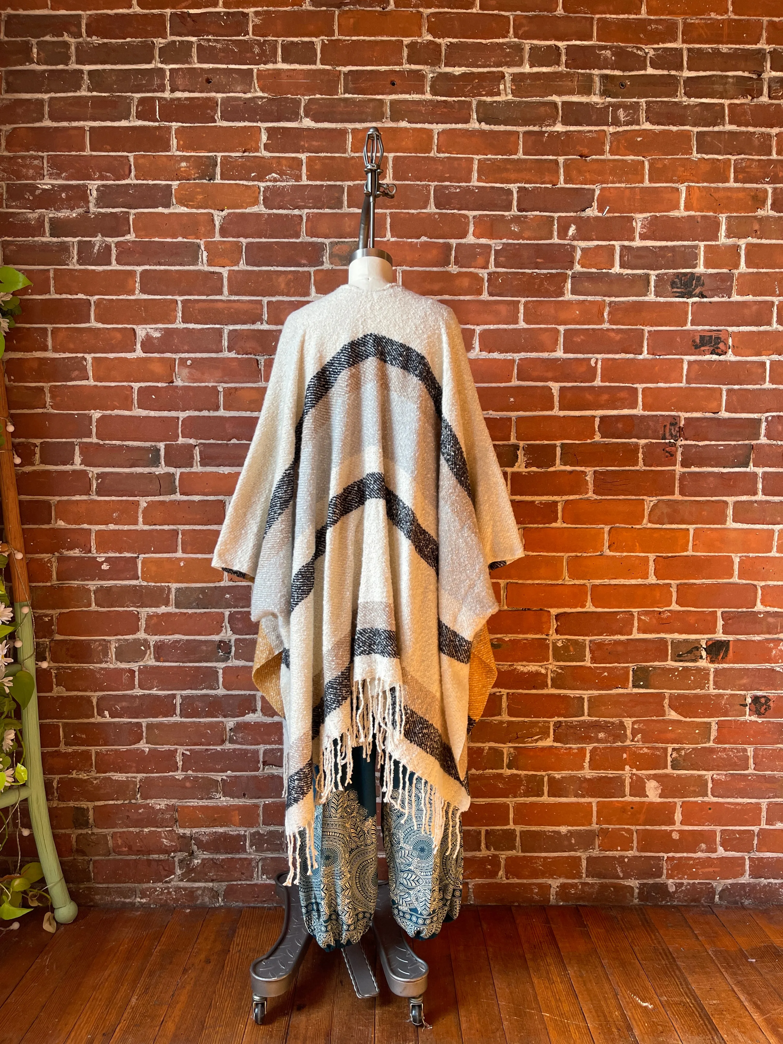 The Softest Farmers Market Fringe Poncho - Oatmeal, Black   Gray