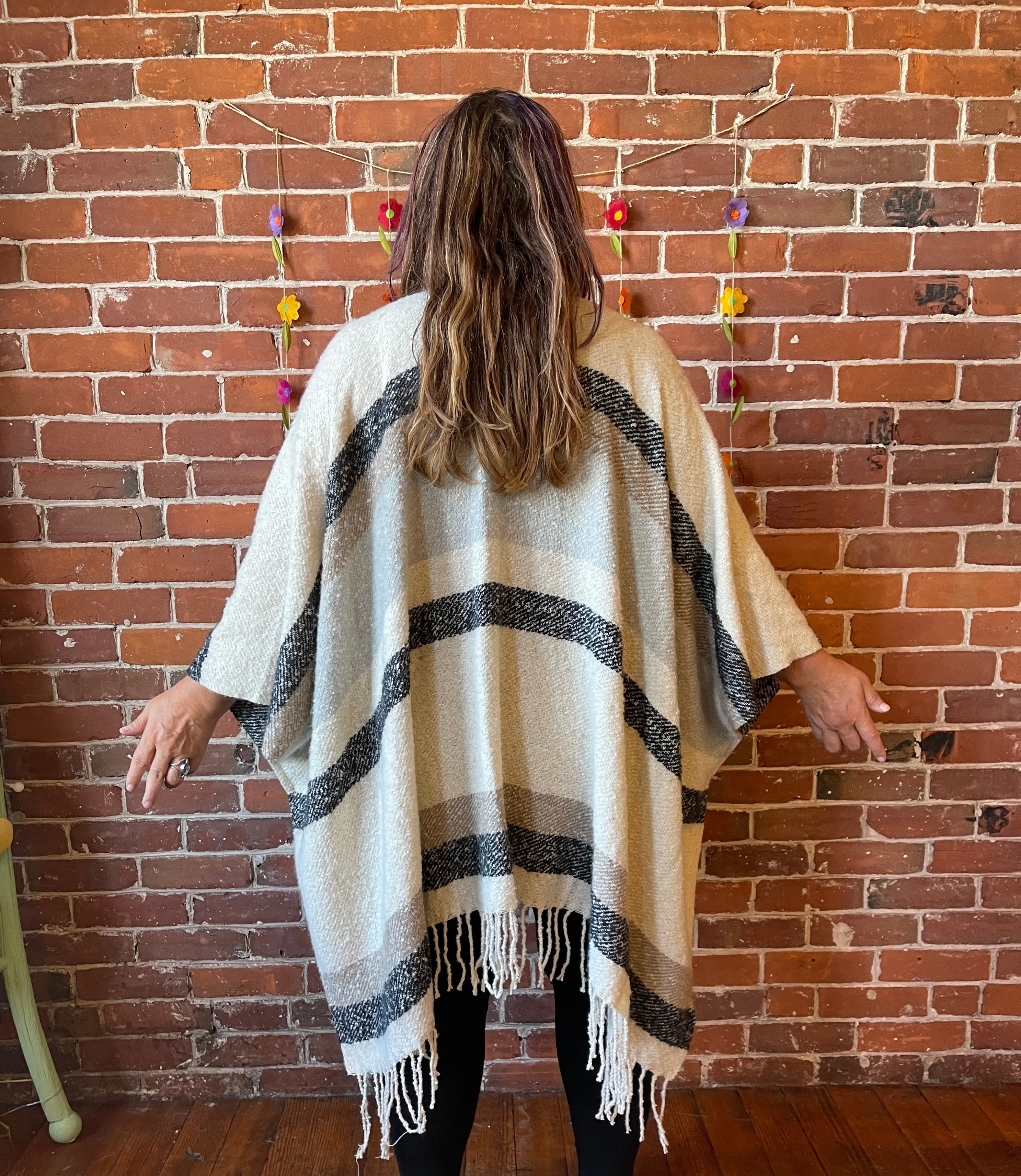 The Softest Farmers Market Fringe Poncho - Oatmeal, Black   Gray
