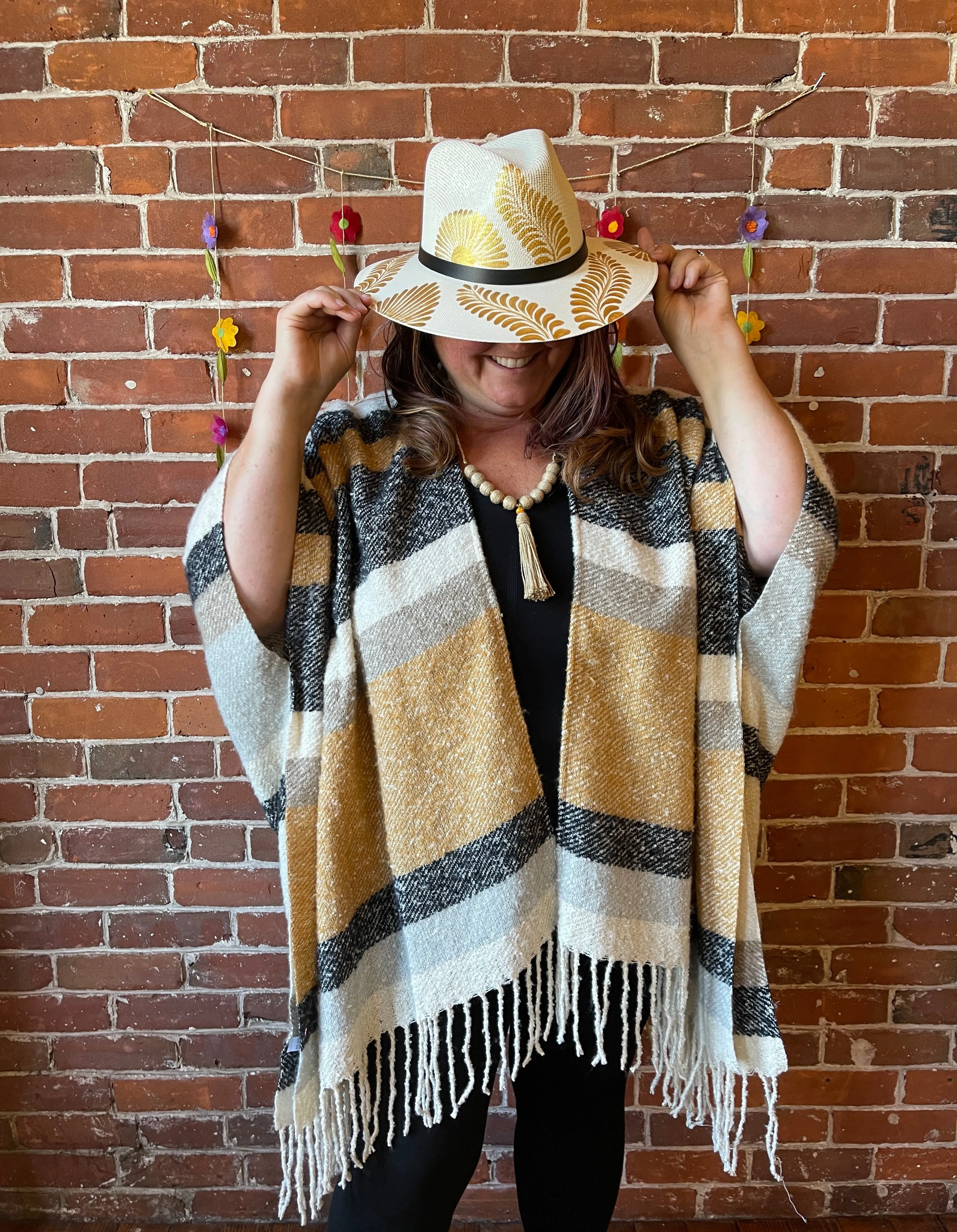 The Softest Farmers Market Fringe Poncho - Oatmeal, Black   Gray