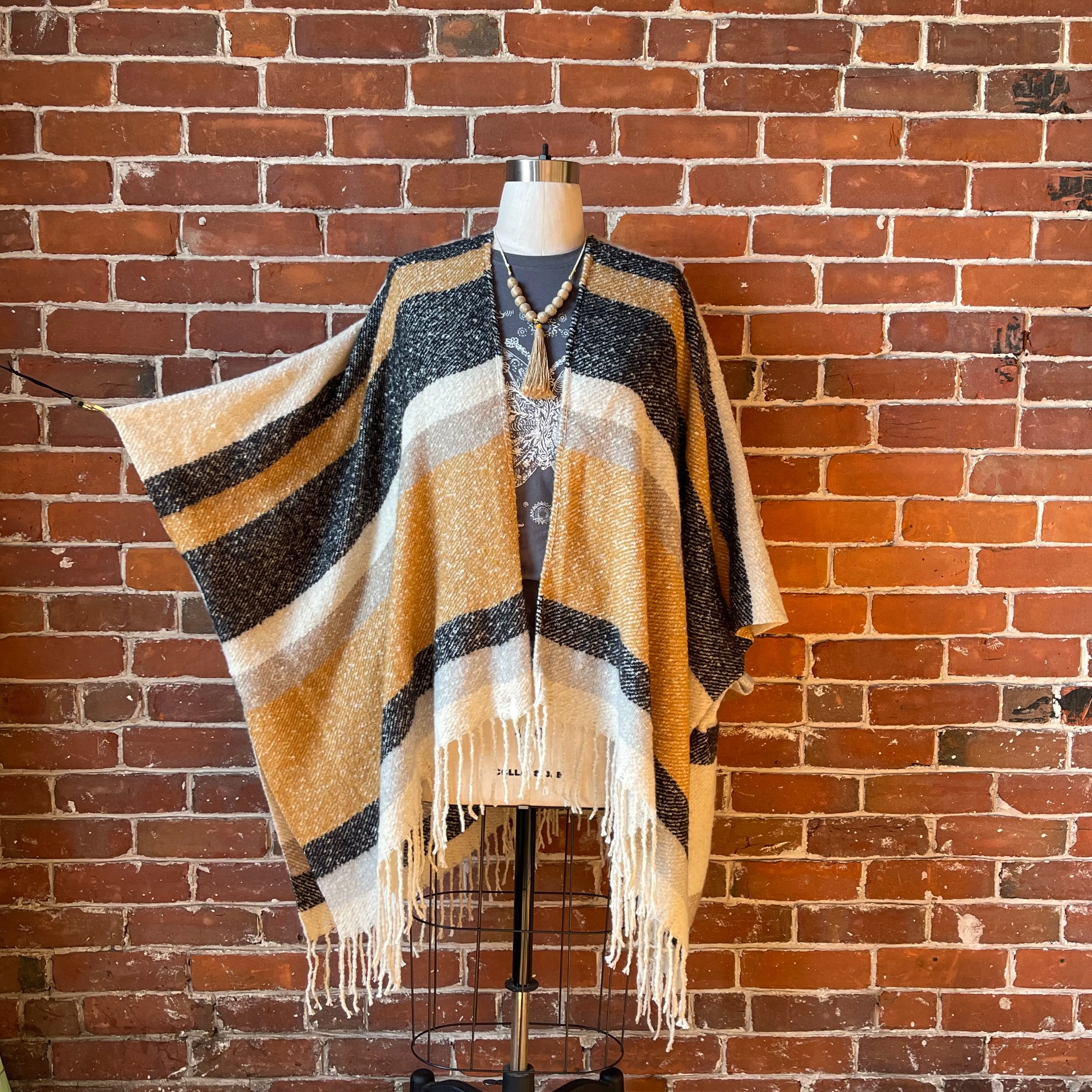 The Softest Farmers Market Fringe Poncho - Oatmeal, Black   Gray