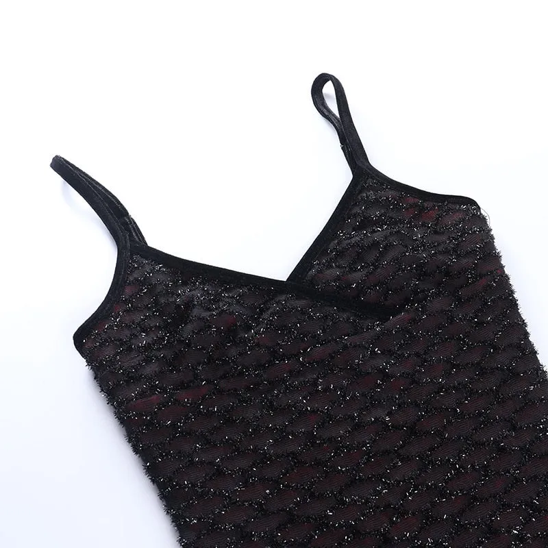 VenusFox Goth Apparel Sexy V Neck Sleeveless Mesh Red Dress Gothic Women Spaghetti Strap Bodycon Backless High Waist Mini Dress