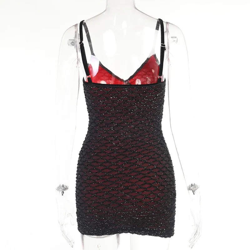 VenusFox Goth Apparel Sexy V Neck Sleeveless Mesh Red Dress Gothic Women Spaghetti Strap Bodycon Backless High Waist Mini Dress
