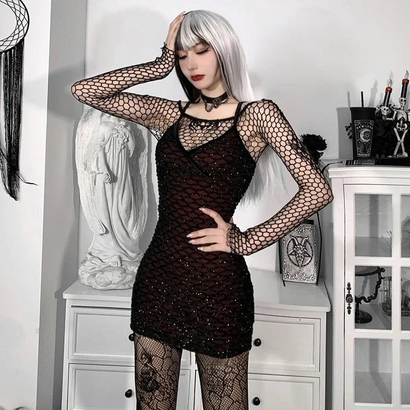 VenusFox Goth Apparel Sexy V Neck Sleeveless Mesh Red Dress Gothic Women Spaghetti Strap Bodycon Backless High Waist Mini Dress